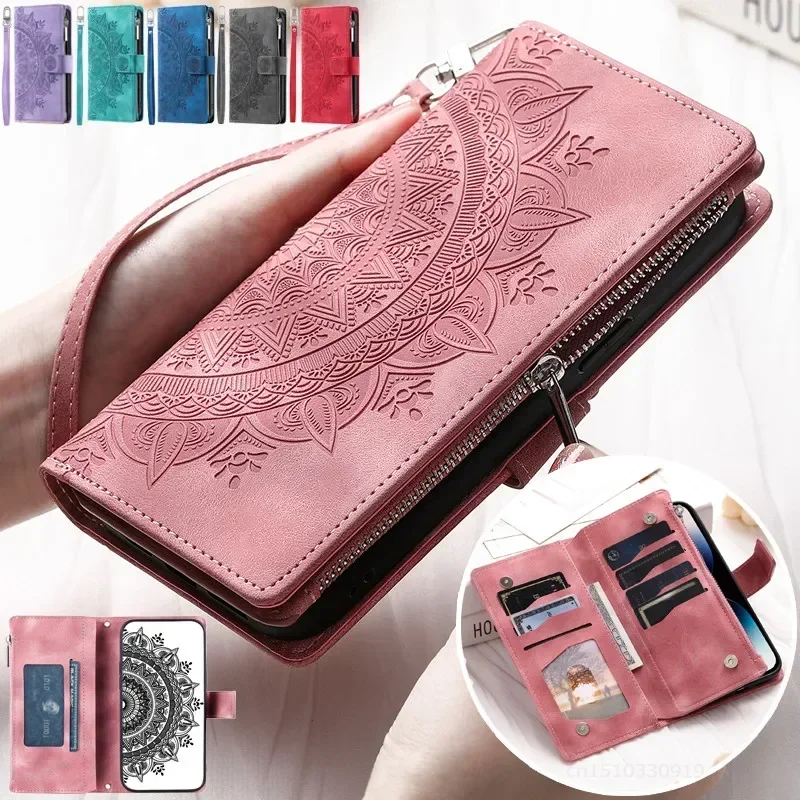 Leather Flip Phone Case with Long Lanyard and Zipper Wallet Card Holder