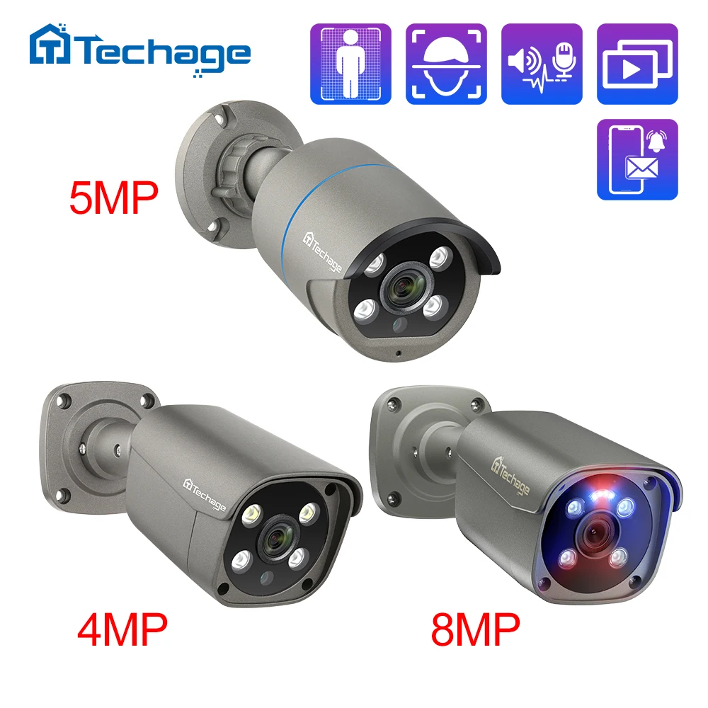 Techage 4MP 5MP 4K Security Metal POE IP Camera H.265 Outdoor Two Way Audio Video Surveillance AI IP Camera for NVR System