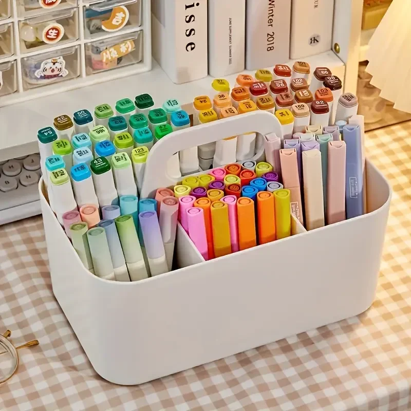 Plastic Storage Basket With Handle Desk Pencil Holder 5-space Stationery Organizer Pen Office Accessories Boxes Desktop School