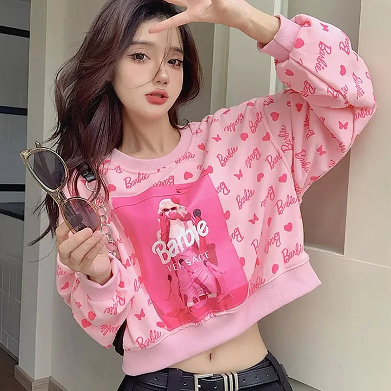 

Barbie Letter Pink Short Sweater Women's Spring and Autumn Small Pullover High Waist Long Sleeve Top