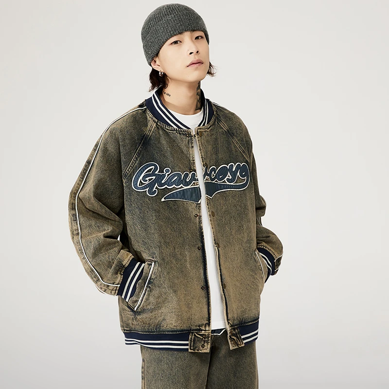 

Letter Embroidered Washed Old Denim Jacket Men's American Trendy Brand Loose Baseball Jacket