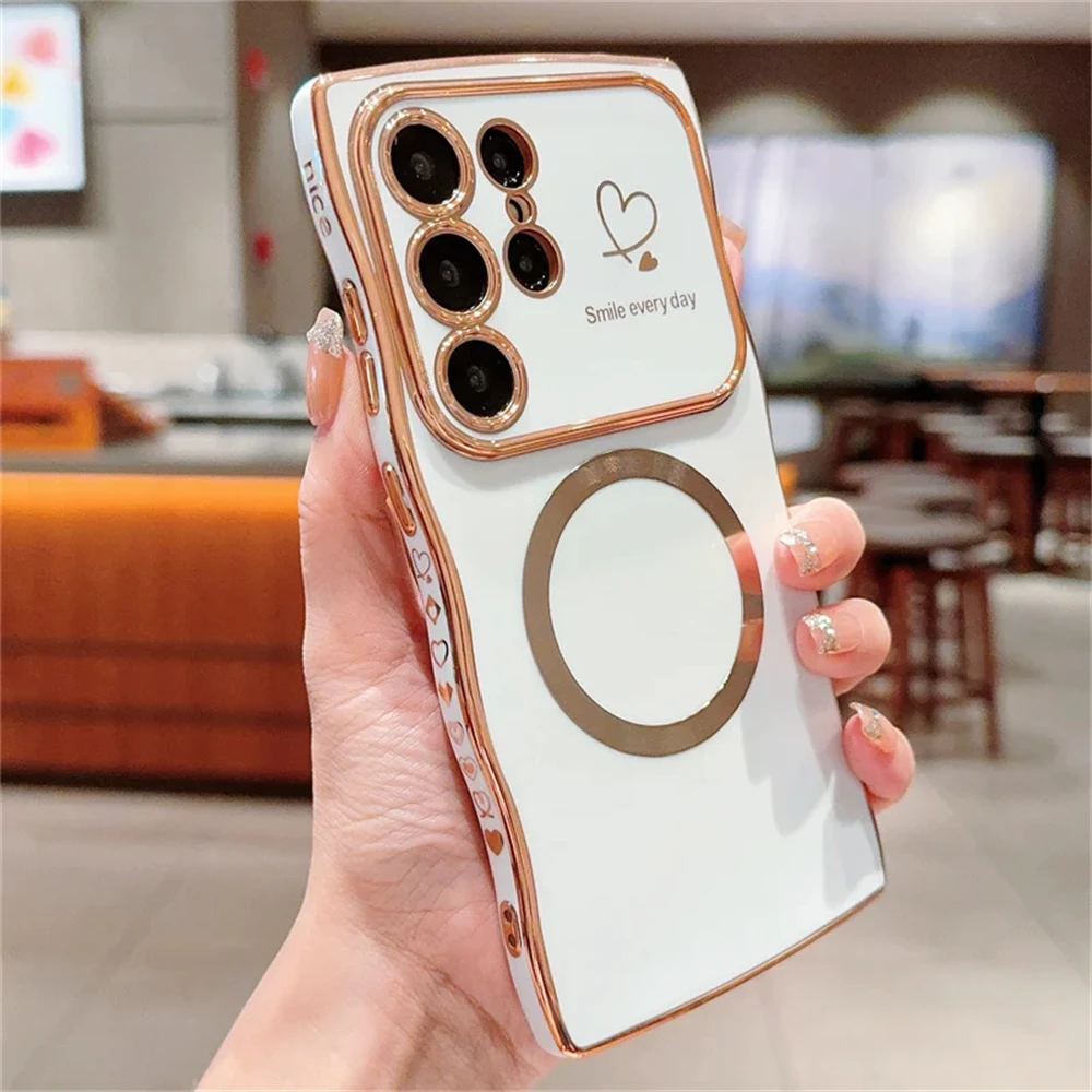 Wave Electroplated Love Heart Magnetic Phone Case with Soft TPU Cover