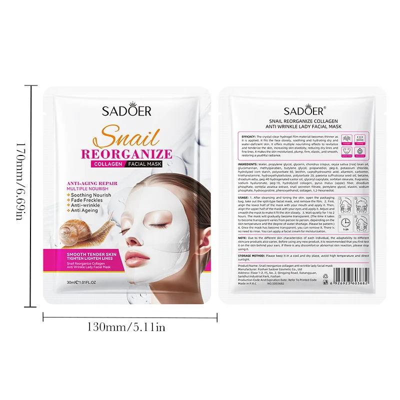 5pcs SADOER Snail Collagen Anti-Aging Face Mask Moisturizing Anti Wrinkles Whitening Facial Masks Skin Care Cosmetics