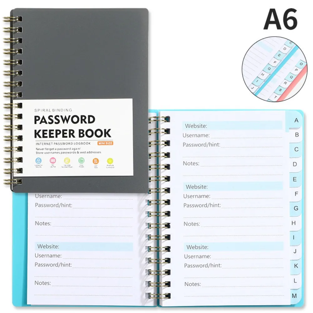 Alphabetical Tabs Spiral Password Keeper Notebook, A6 Mini Size, Secure Website Logins Organizer