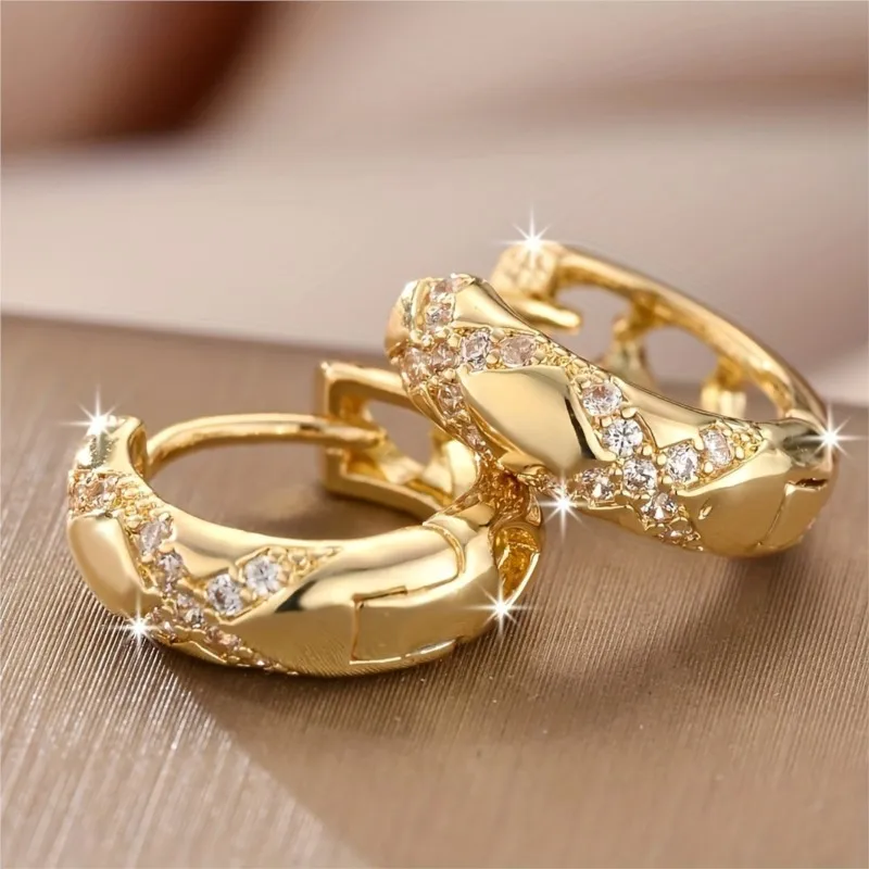 Golden-Tone Bohemian Cross Hoop Earrings for Women Sparkling Synthetic CZ Design Ear Buckle Wedding Jewelry Gifts