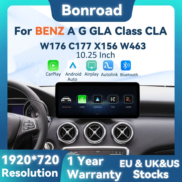 BONROAD Écran tactile multimédia sans fil CarPlay Android Auto GPS Radio 10,25 pouces 1920*720 pour Mercedes Benz Classe A GLA CLA W176 X156 C117 NTG 4.5 5.0 Airplay Autolink Mirroring Autoradio 1