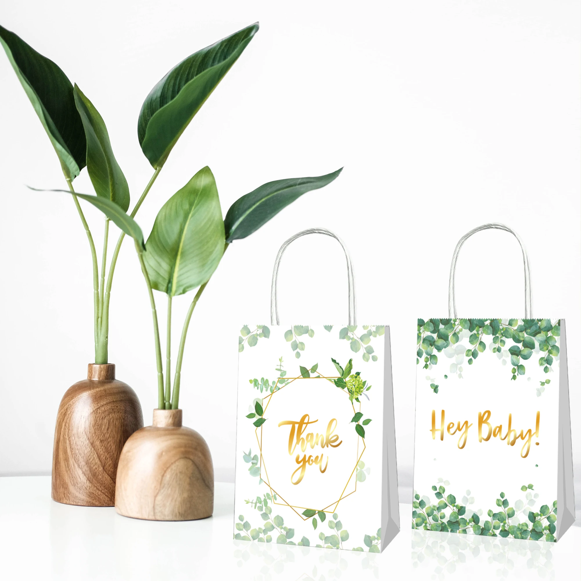 

BD070 12Pcs Hey Baby Eucalyptus Thank You Baby Shower Birthday Party Portable Packing Paper Tote Gift Bags Hawaii Party Favors