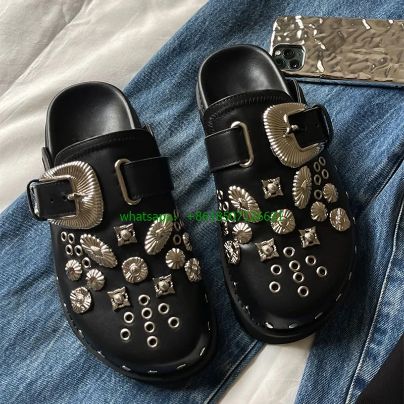 

Black Round Toe Punk Slippers Women 2023 New Fashion Slip-on Muffin Thick Bottom Trendy Metal Shoes