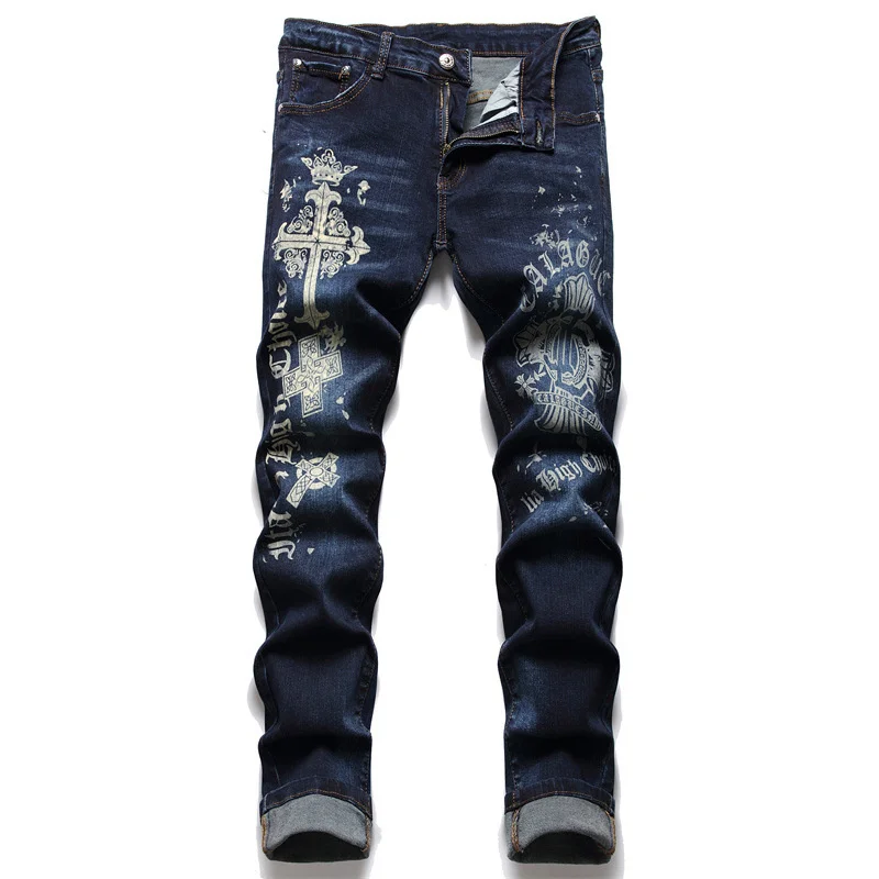 

Original Design New European American Digital Printing Blue Jeans Men's Fashion Elastic Slim Waist Casual Trousers Brand Clothes