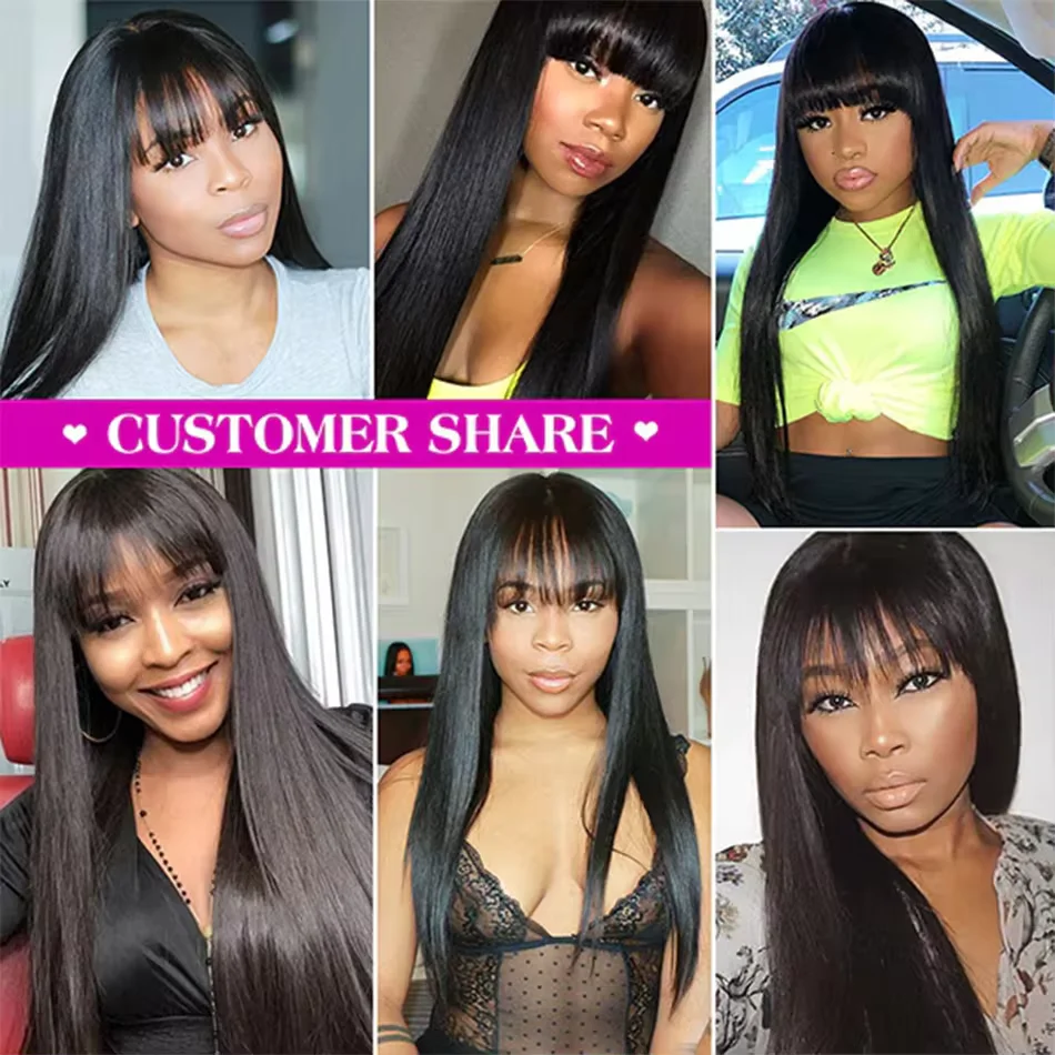 Human Hair Wigs For Black Women Straight With Bangs 180 Density