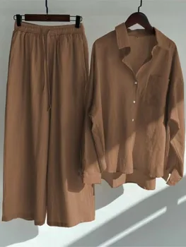 Spring Summer Women's Two Piece Casual Long Sleeve Shirt Women's Suit Fashion Button Casual Female Wide Leg Pants 2 Piece Sets 1
