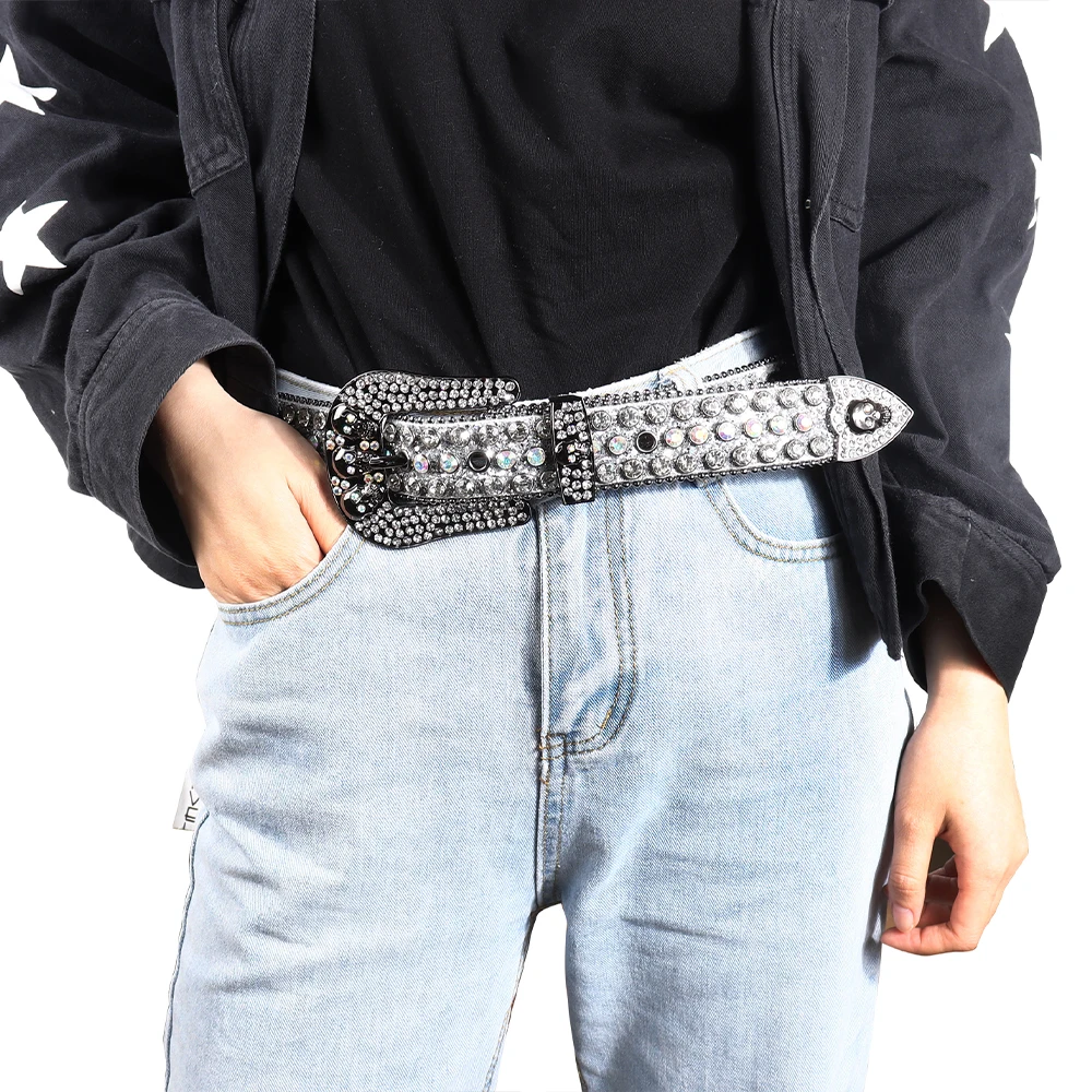 WHIPPY Rhinestones Belt for Men Women, Skulls Western Leather Belt Wide  Buckle Shining Cowgirl Cowboy Studded Belts for Jeans at  Women’s