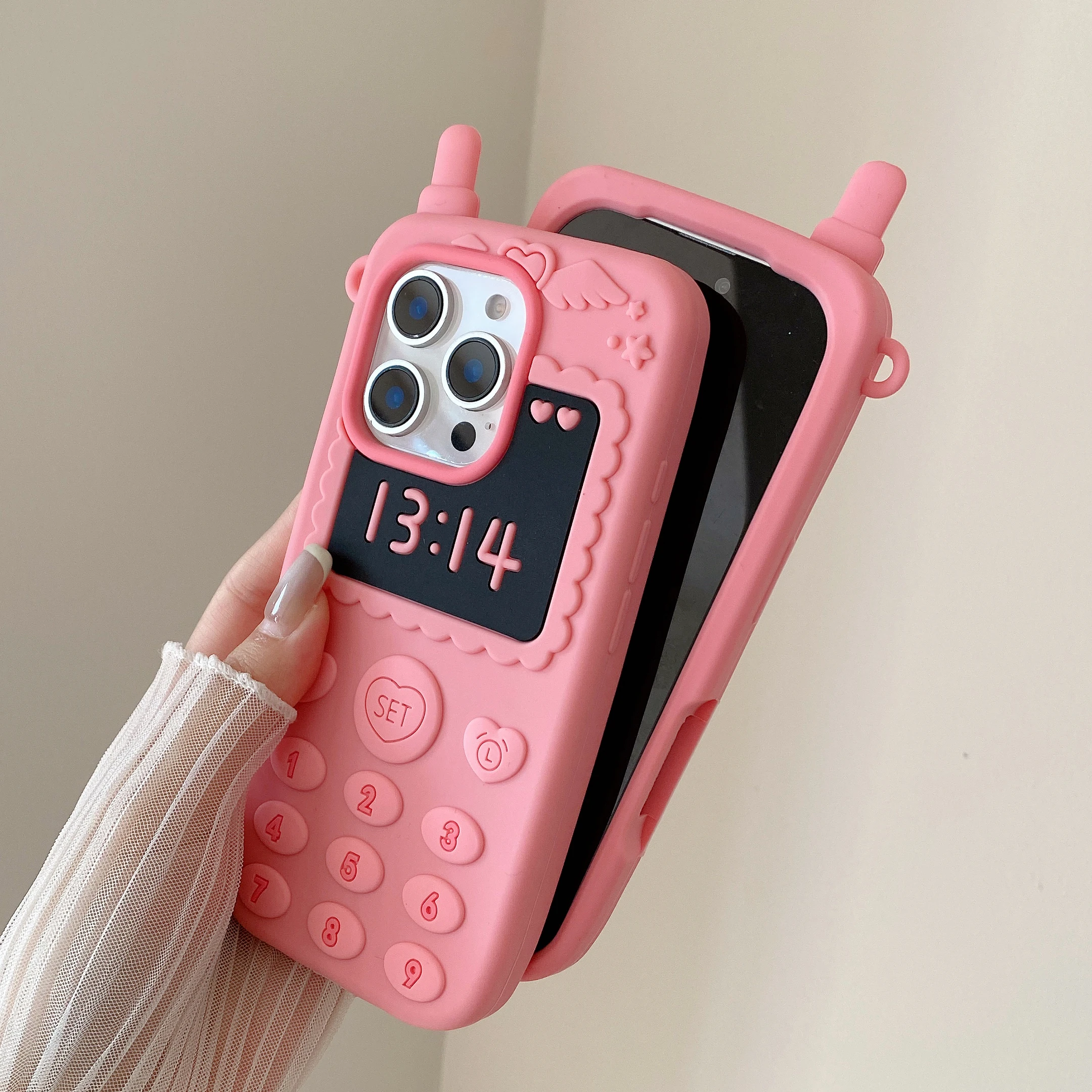 3D Pink Telephone Antenna Silicone Phone Case with Love Heart Shockproof Cover