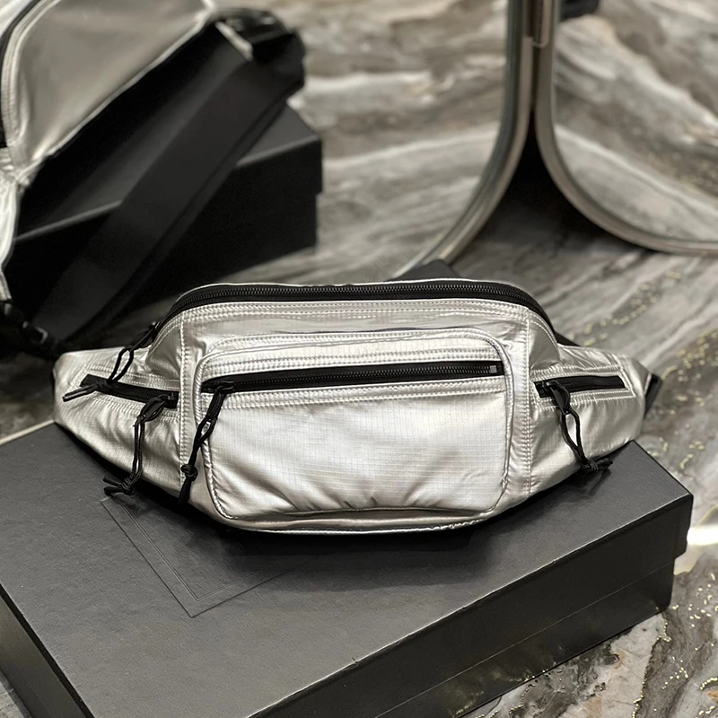 

Luxury Silver Sheepskin Men Chest Bag Trend Versatile Genuine Leather Crossbody Bag Portable Cell Phone Bag