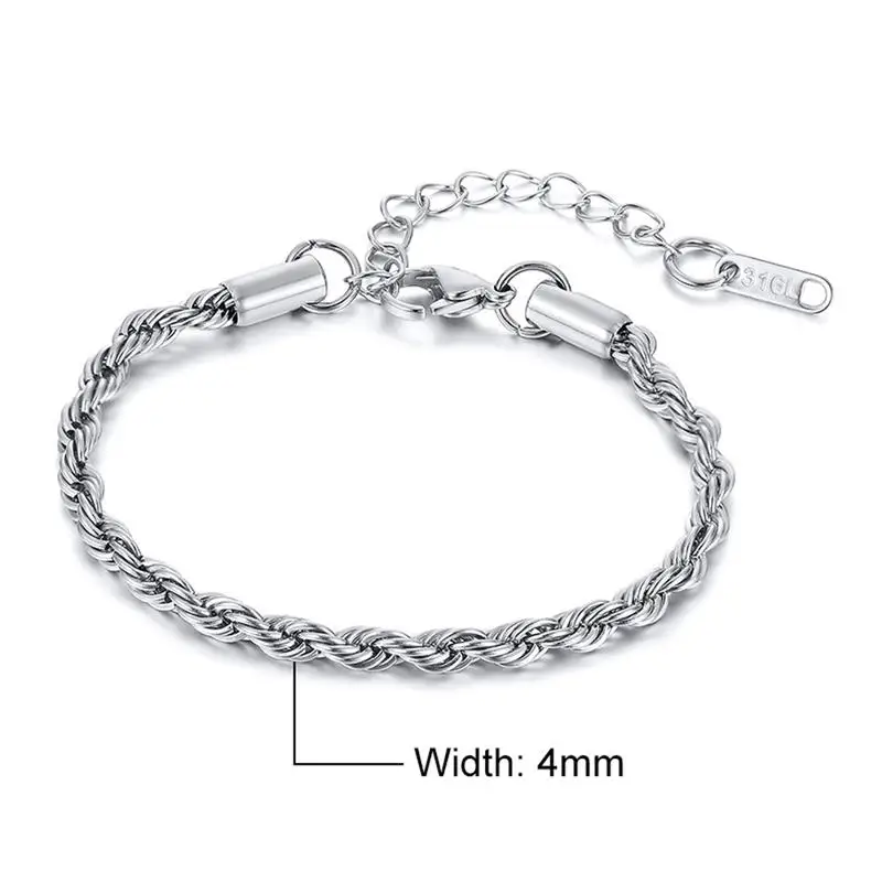 Stainless Steel Bracelet For Men Women Braided 16cm Rope Chain with 5cm Extender Adjustable Jewelry Gold/Silver Color