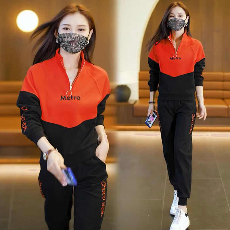 100% Cotton Sweatsuit Set Women Autumn Spring Patchwork Sweatshirt and  Pencil Pants Two Piece Set Outfits Female Clothing - AliExpress