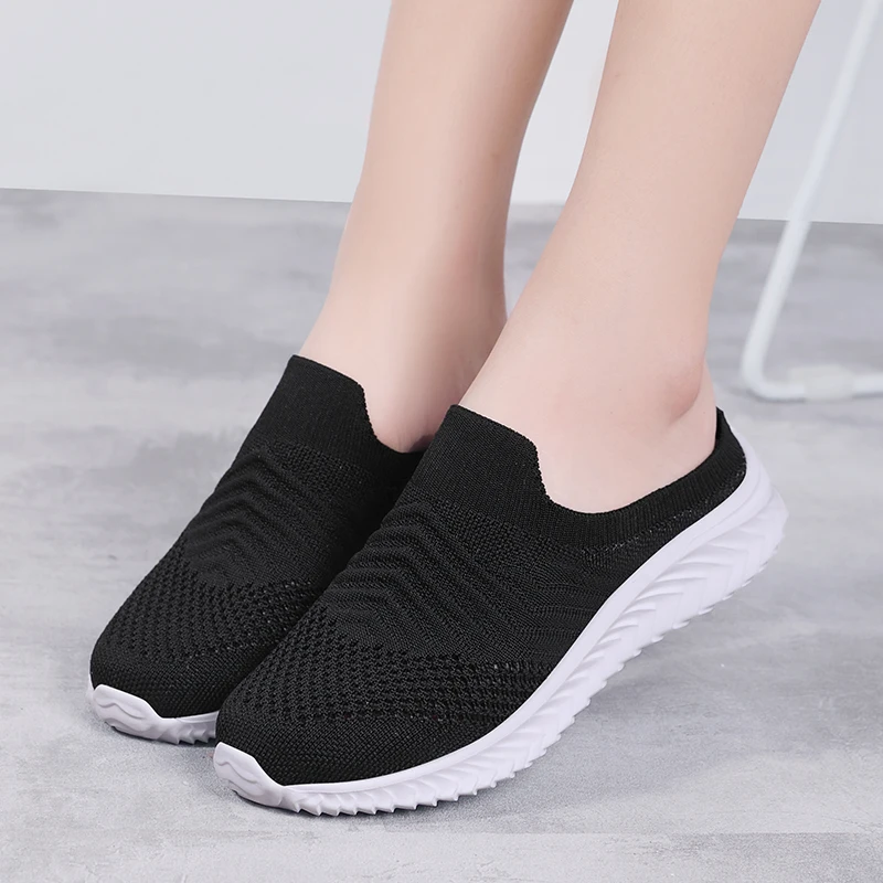 Women Walking Shoes Fitness Summer Mesh Sports Outdoor Flats Light Breathable Slip-On Running Sneakers Black Soft Size 35-42
