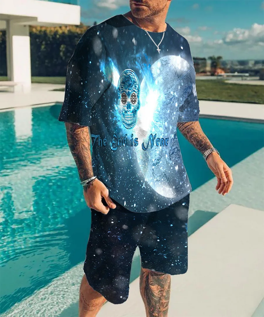 Summer Beach Style 3D Printed Skull Sportswear O-neck Oversized T-shirt + Shorts Two-piece Street Comfort Suit