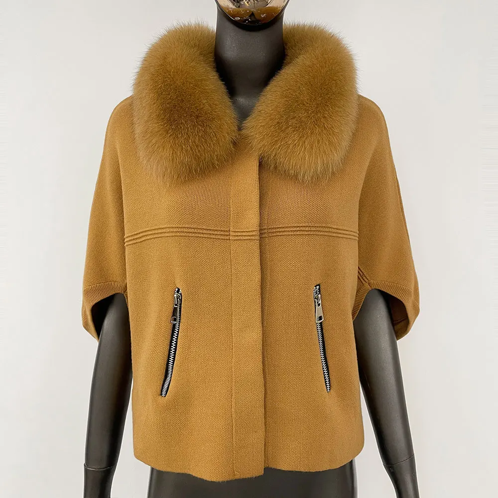 FURYOURSELF 2025 New Real Fox Raccoon Fur Collar Coat Knitted Sweater Women Short Sleeve Jacket Thick Warm Outerwear streetwear