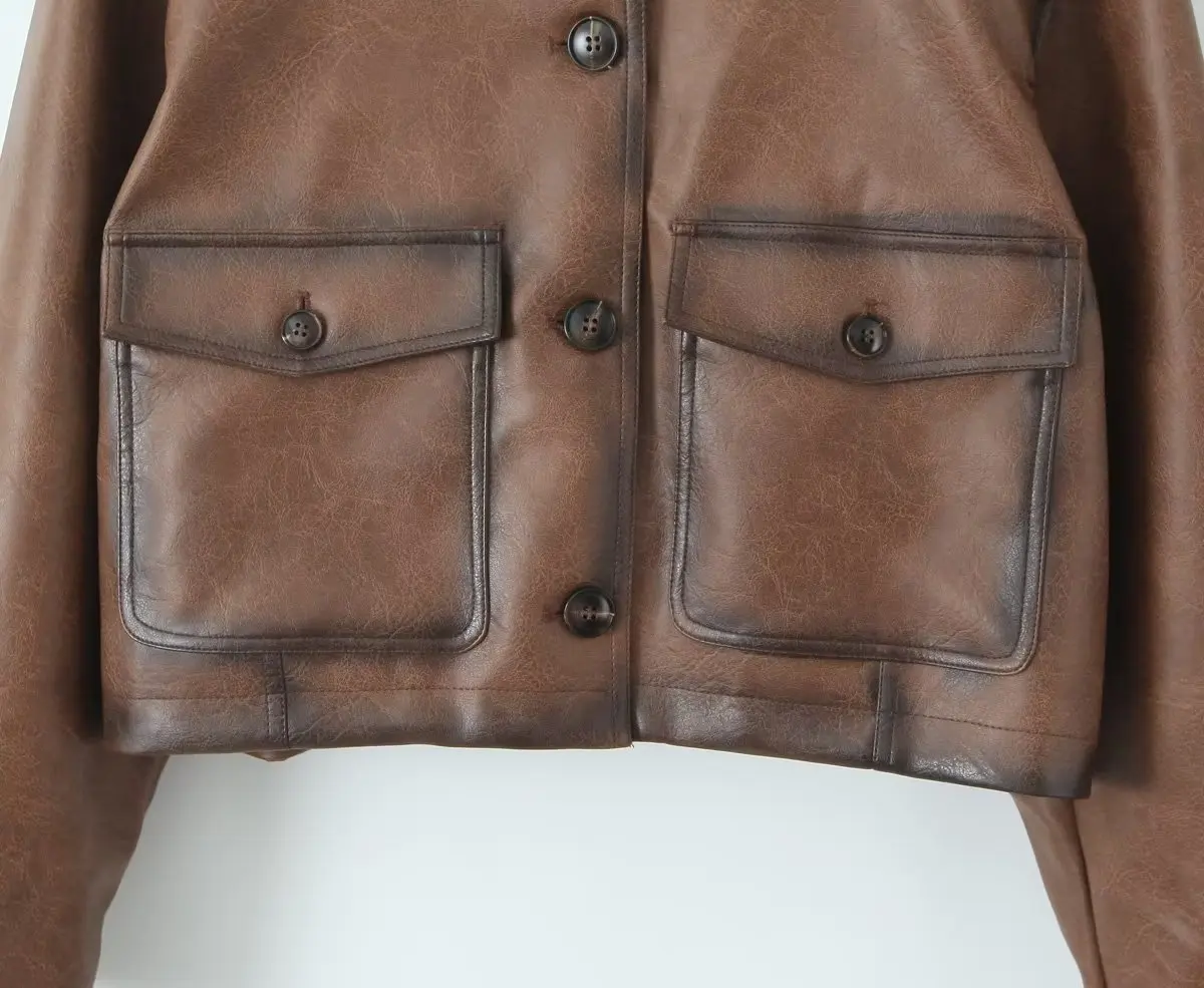Withered French Fashion High Street Vintage Washed Leather Jacket with Lapel Pockets Brown Motorcycle Leather Coat Women