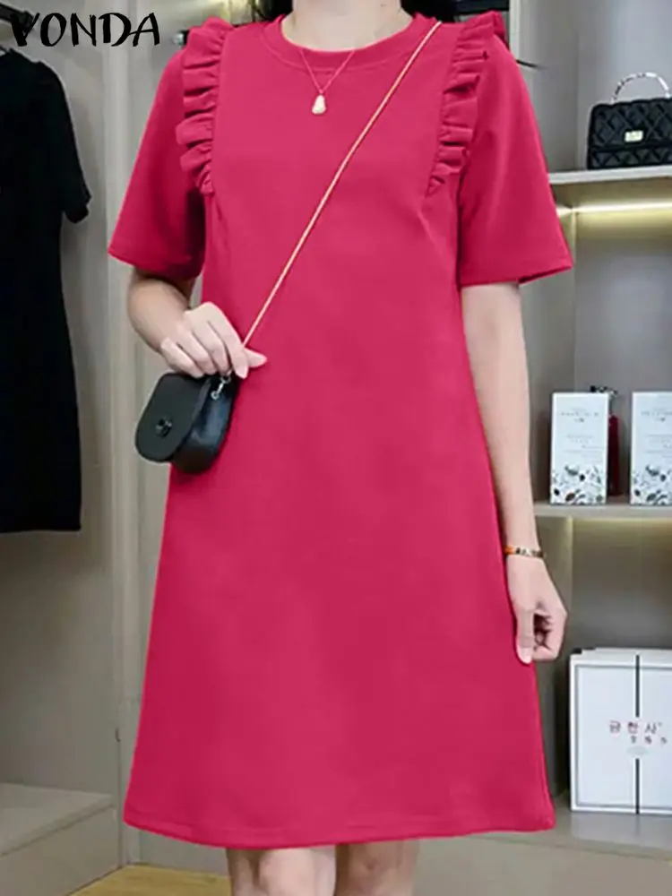 

VONDA 2024 Summer Elegant Women Shirt Dress Solid Color Mini Sundress Fashion Casual Loose Short Sleeve Ruffled Vestidos Robe