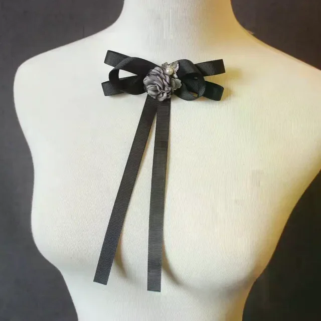 1Pcs British Korean College Style Handmade Ribbon Black Bowtie Pins Bow Tie For Women's Girl Bank White Shirt Collar Flower 2