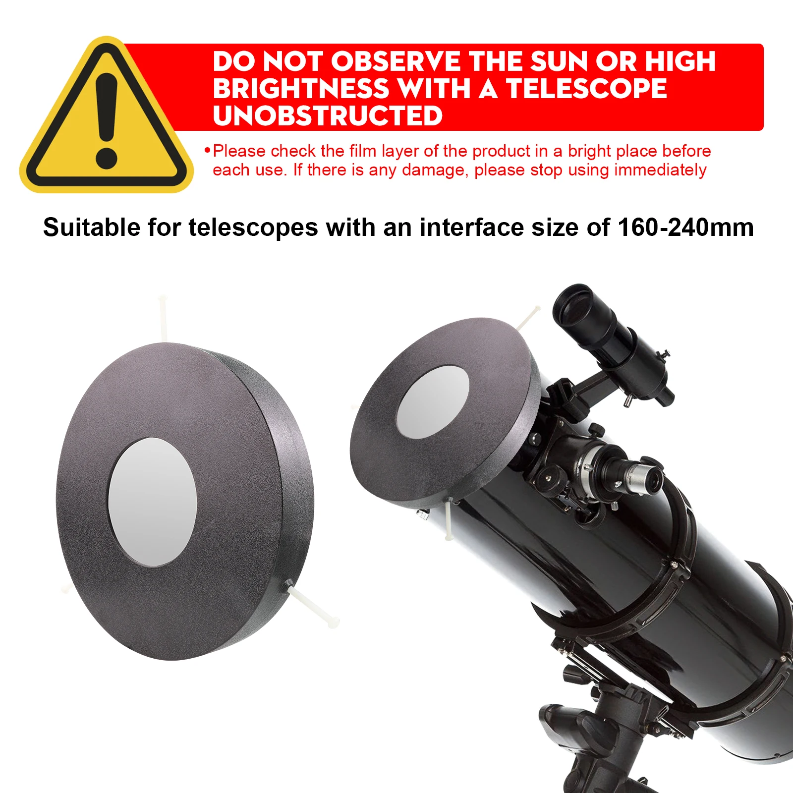 160mm240mm 태양 관측 망원경 필터, 태양 안전 필름이 있는 안전 장치와 호환 가능, 카메라 렌즈, 태양 또는 태양자국 관찰 가능