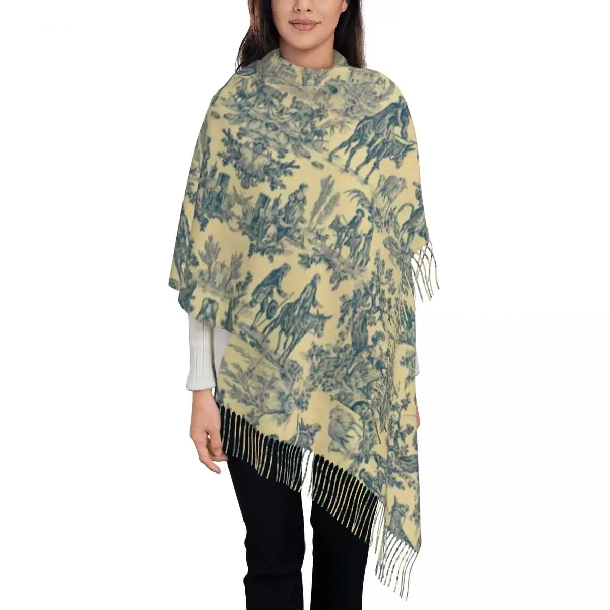 

Toile De Jouy Blue And Yellow Tassel Scarf Women Soft Hunting Scenes Vintage Floral Motifs Shawl Wrap Female Winter Scarves