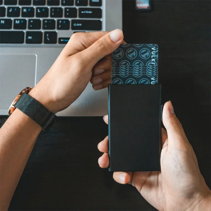 RFID Secure Pop-Up Slim Credit Card Holder Wallet - Minimalist Black Metal Design