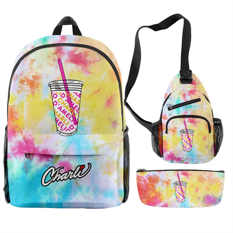 Classic Charli D'amelio Candy Color 3D Print 3pcs/Set pupil School Bags Trendy Travel Laptop Backpack Chest Bag Pencil Case
