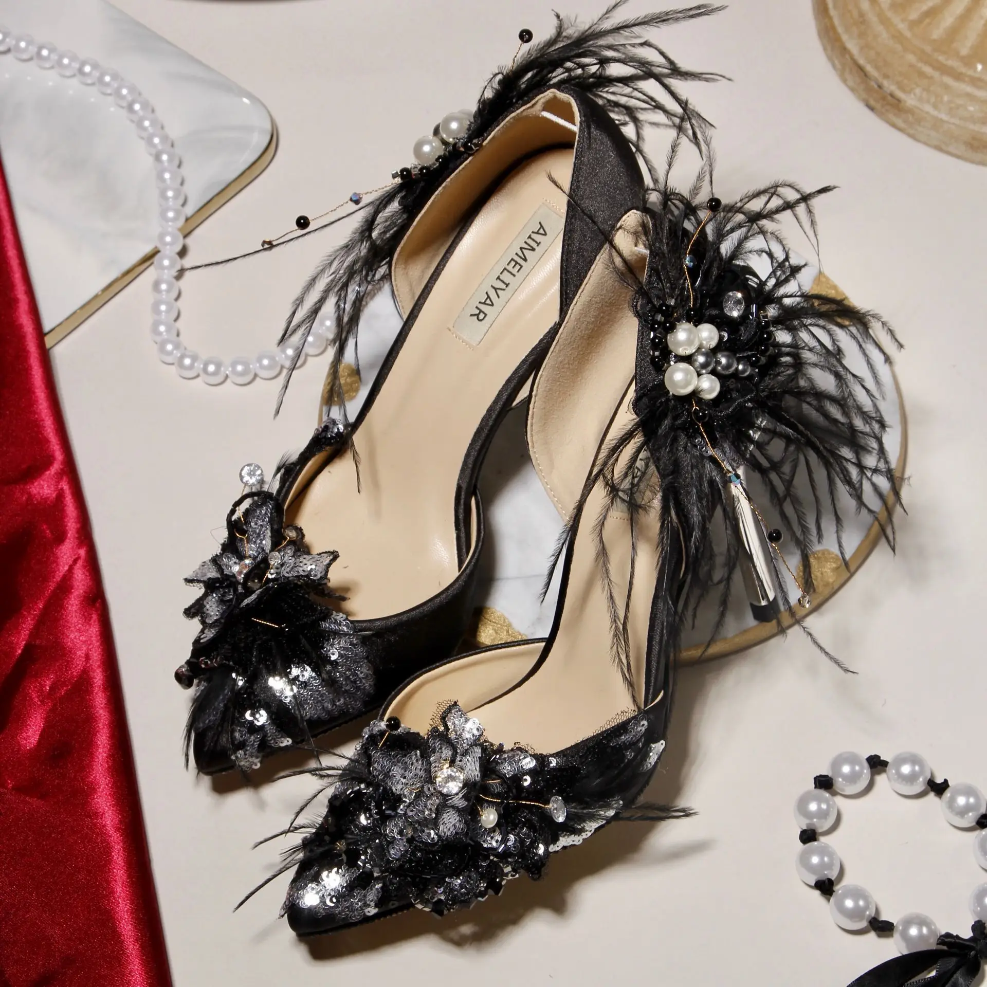 JIMMY CHOO Annie sequin and feather-embellished satin sandals – Shoes Post