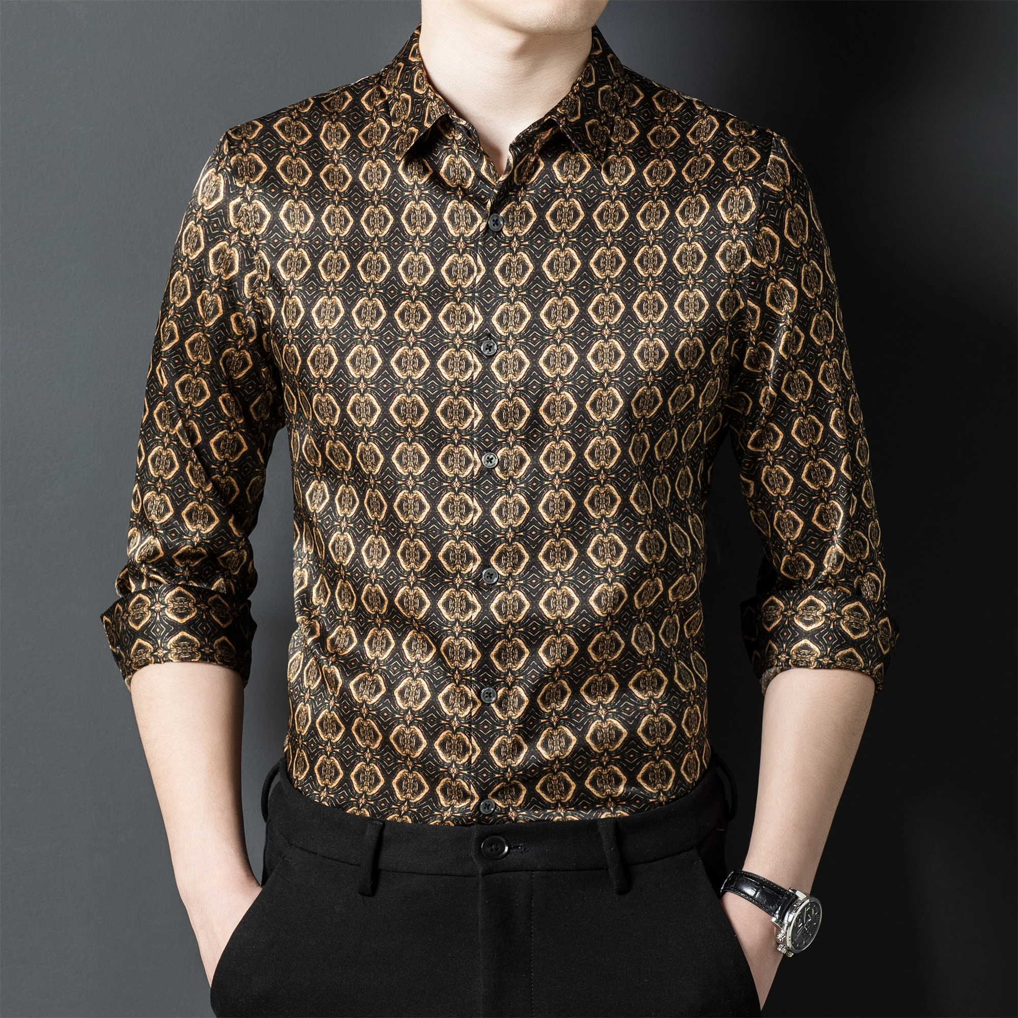 

Vintage Print Gentleman Silk Shirts For Men Long Sleeve Fashion Spring High Quality Smooth Comfortable Regular Fit Chemise Homme