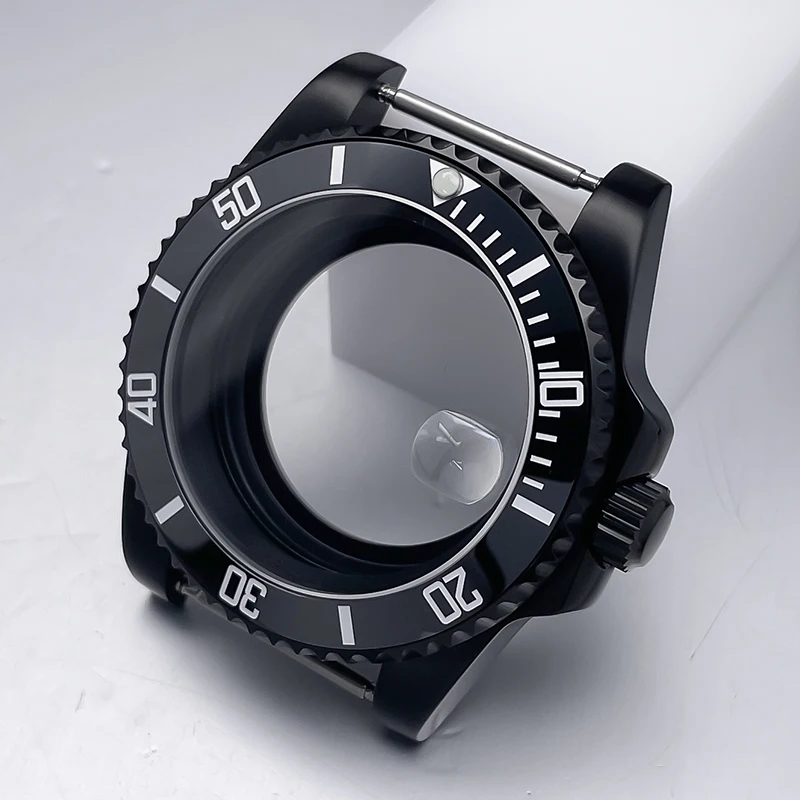 All-Black Sub Style Watch Case with Rubber Strap and Sapphire Crystal