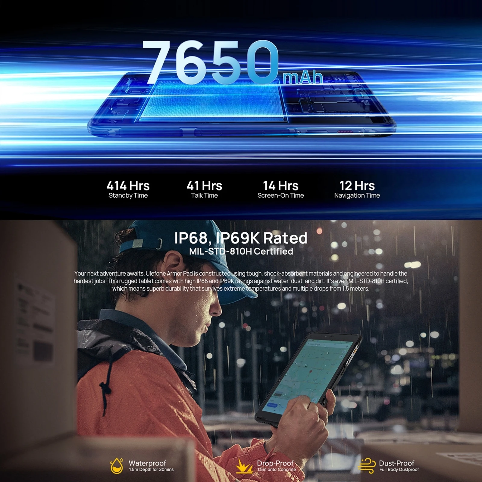 Ulefone Armor Pad Rugged Tablet PC IP68/IP69K 4G Tablet 4GB+64GB 8 inch 48MP Camera 7650mAh Android 13 NFC