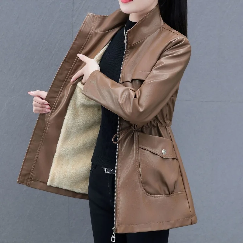 2023 Autumn Winter New Stand Collar Solid Color Temperament  Long Leather PU Coat Women Season Coat Fashion Ladies Style Classy