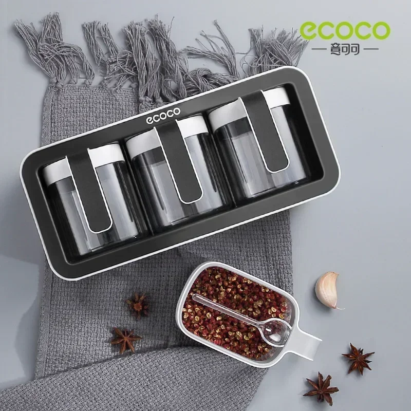 ECOCO Wall Mounted Seasoning Box Spice Storage Rack Seasoning Organizer Kitchen Accessories Salt Jar Shaker Pepper Container 6