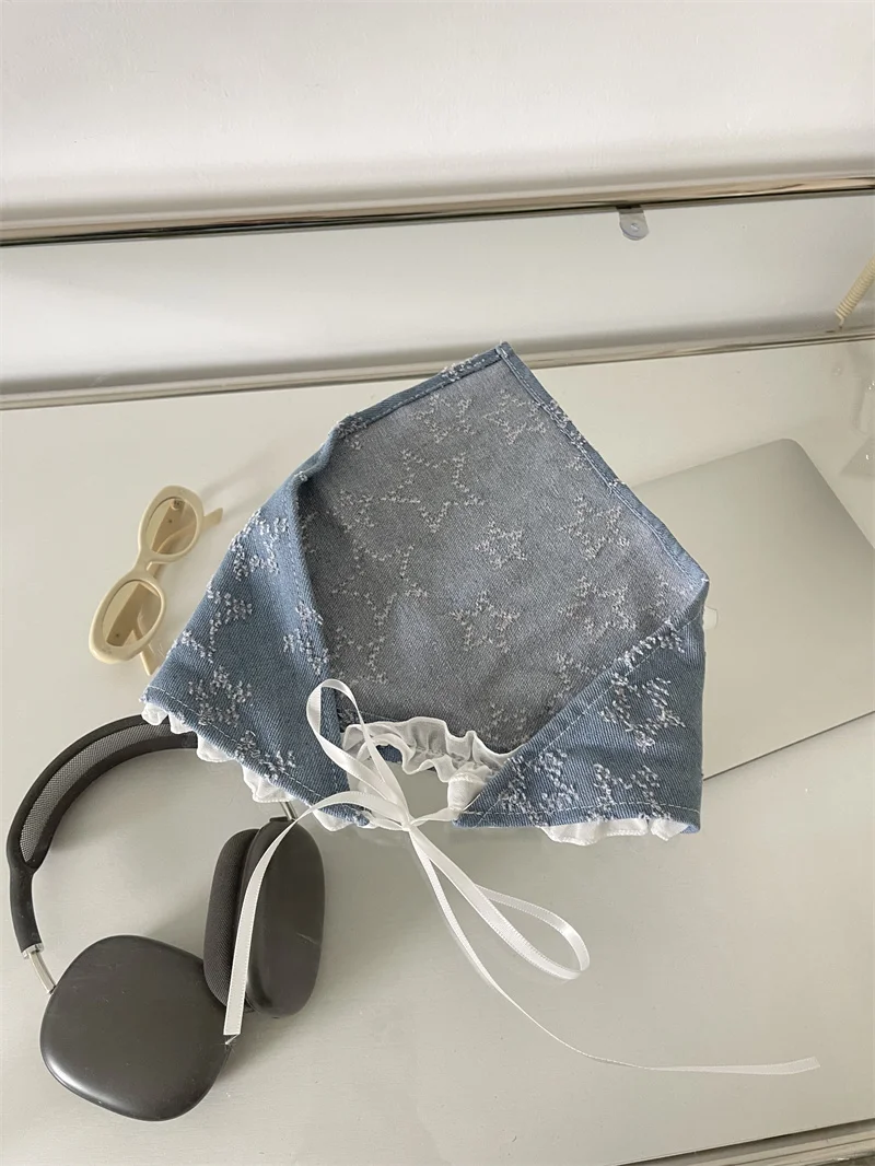 Blue Denim Hair Scarf Retro Star Bandana Triangle Hair Band Strap Soft Wrap For Women 3