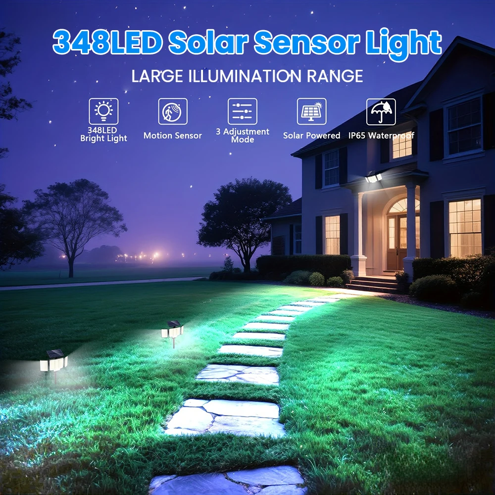 348 LED 야외 태양광 조명 3가지 작동 모드 초고휘도 모션 센서 야외 IP65 방수 투광 벽 보안등 마당 조명