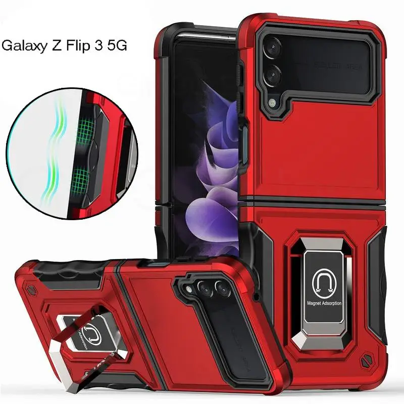 

For Samsung Z Flip3 5G Heavy Duty Protective Phone Case For Galaxy Z Flip 3 5G SM-F711B Ring Stand Armor Shockproof Cover Capa