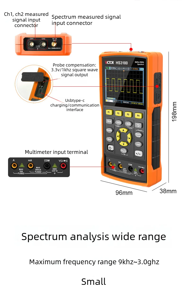 Victor HS3200 3-in-1 스펙트럼 분석기 오실로스코프 멀티미터 다기능 9kHz3GHz/200MHz/20000 디지트 듀얼 채널