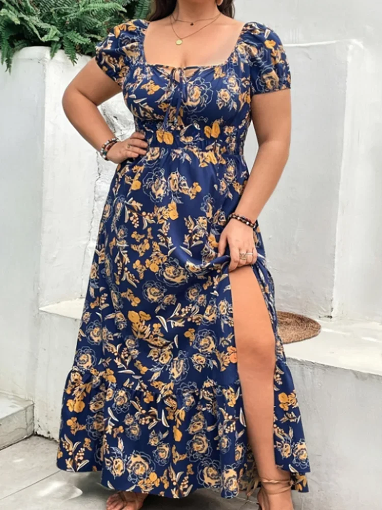 Plus Size 1-5XL Fashion Women’s Suitable for Outdoor Flower Casual Long Party Dress Women Fashion Print Loose Summer Dress Best Sellers In Plus Sized Clothing