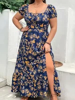 Plus Size 1-5XL Fashion Women's Suitable for Outdoor Flower Casual Long Party Dress Women Fashion Print Loose Summer Dress