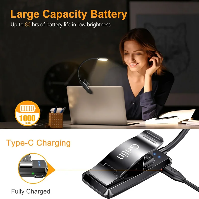Led Rechargeable Book Light Eye Caring 3 Color Temperatures stepless Dimming Brightness