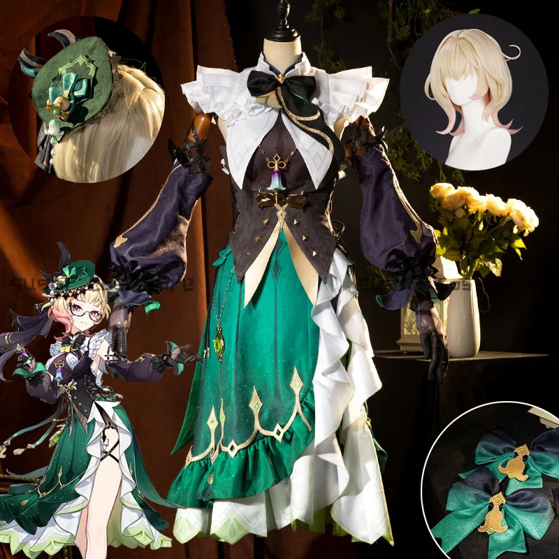 

Genshin Impact Emilie Game Cosplay Costume Wig Dress Uniform Earrings Glasses Hat Fontaine Roses And Muskets Halloween Party