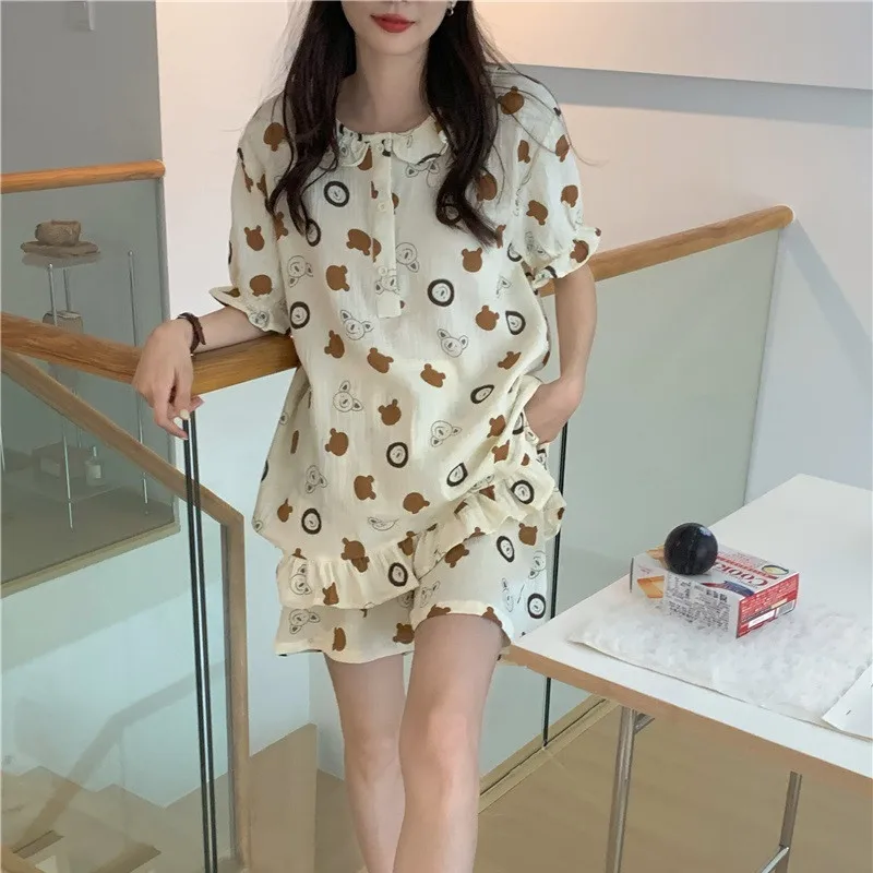 

Cotton Gauze Pajama Set Cute Kawaii Bear Pullovers Shorts Sleepwear Ruffles Home Clothes 2 piece set Women Pyjamas Korea D397