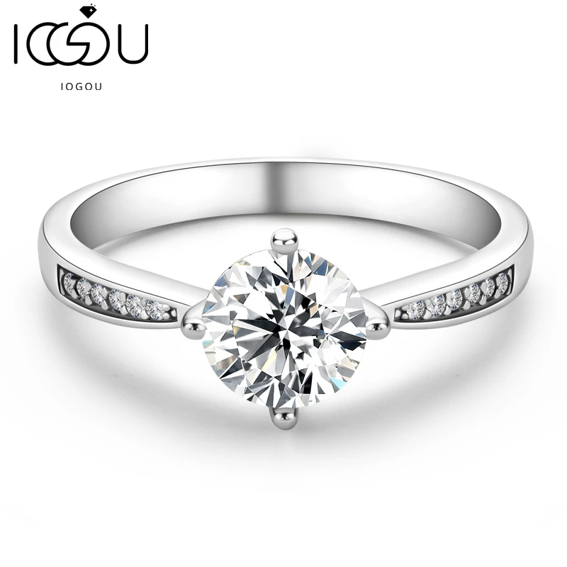 

IOGOU 925 Silver 6.5mm Round Moissanite Wedding Ring Fashion Eternity Micro Inlaid Four Prong Ring Engagement Jewelry For Women