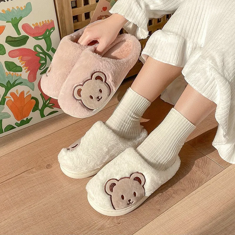 Winter Cartoon Bear Slippers Women Men Fashion Cute Fluffy Slippers Winter Warm Lovers Fur Casual Confinement ShoesTG03 4