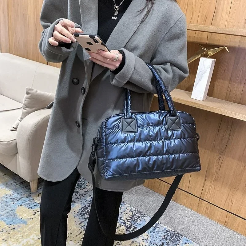 Fashion Quilted Cotton Padded Nylon Messenger Bag Women Large Capacity Shoulder Bag Solid Color Zipper Designer Top-handle Bags