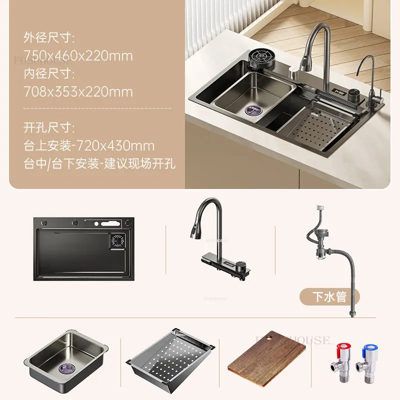 304 Stainless Steel White Dish Basin Intelligent Digital Display Kitchen Sinks Nano Large Single Slot Sinks Kitchen Accessories 4