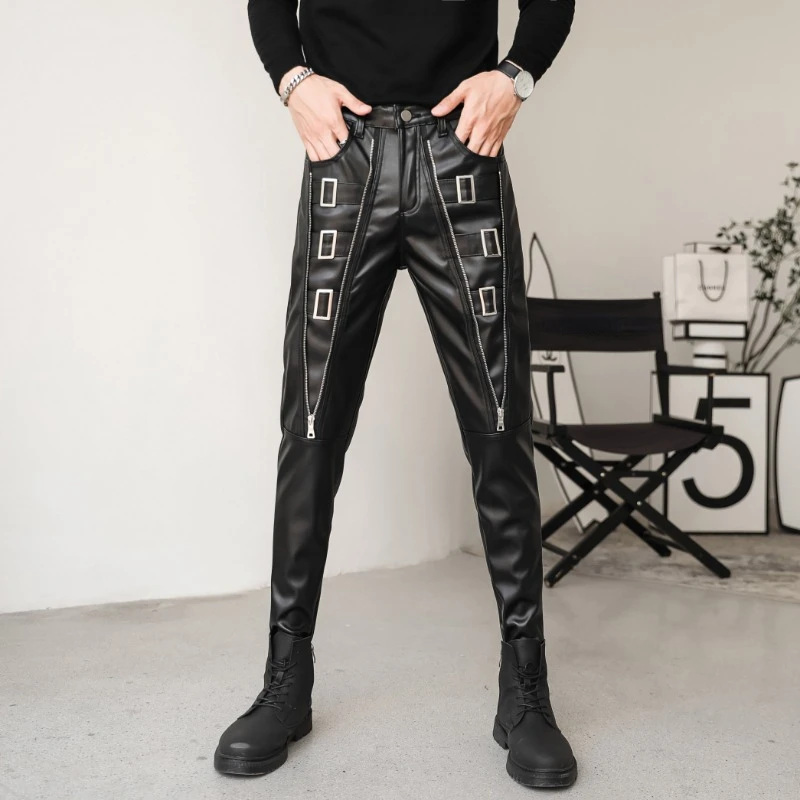 

New Arrived Skinny Biker Leather Pants Mens New Faux Leather Biker Trousers for Male Trouser Stage Club Wear